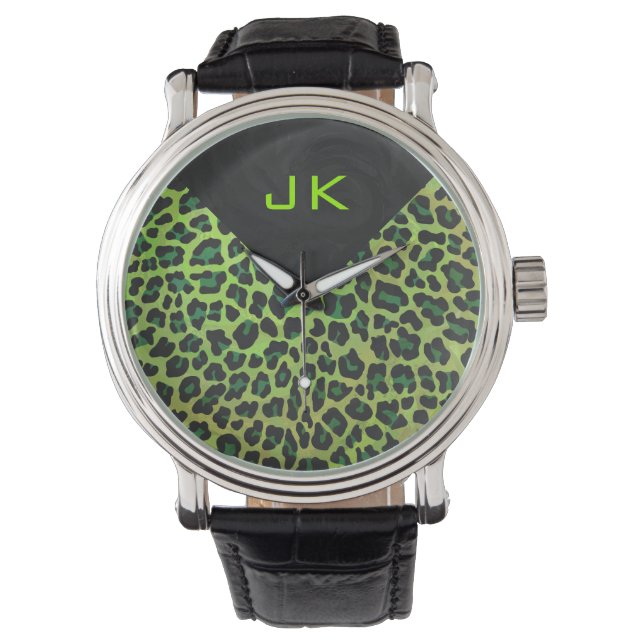Leopard Svart och Grön med Monogram Armbandsur (Framsida)