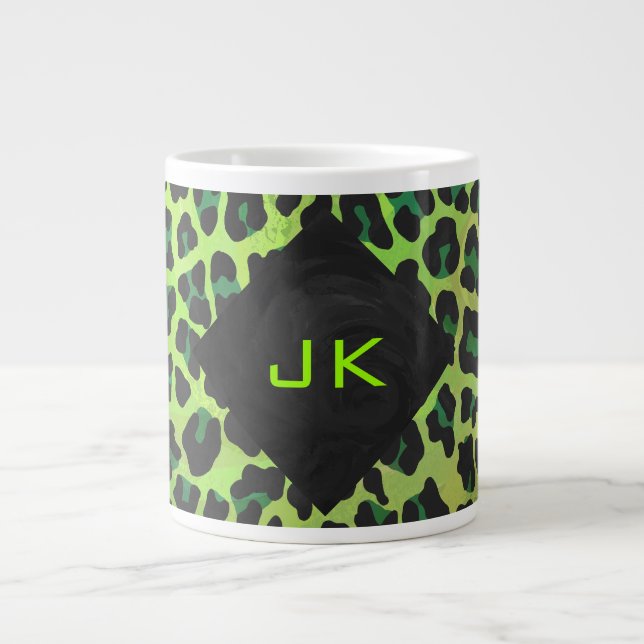 Leopard Svart och Grön med Monogram Jumbo Mugg (Framsidan)