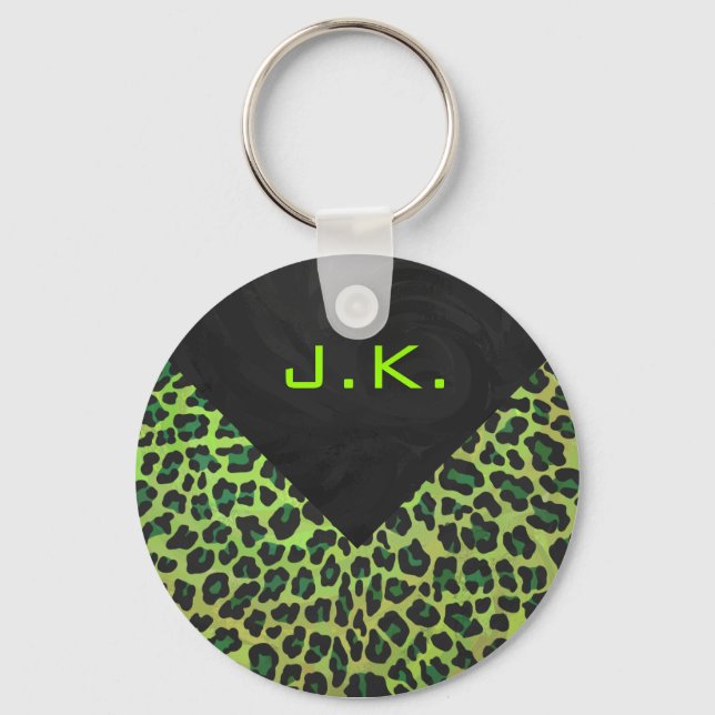 Leopard Svart och Grön med Monogram Nyckelring (Framsida)