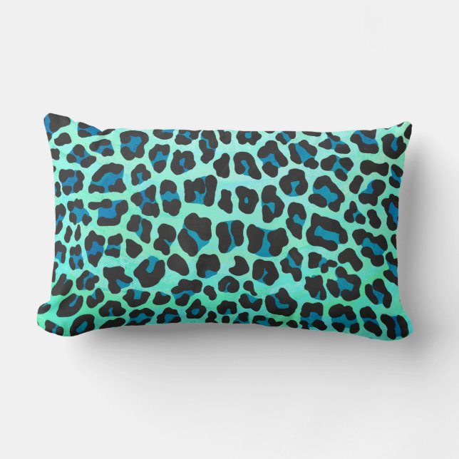 Leopard Svart och Teal Tryck Lumbarkudde (Framsida)