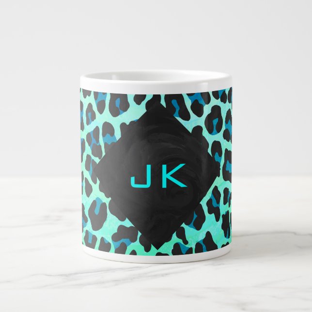 Leopard Svart och Tealtryck Jumbo Mugg (Framsidan)