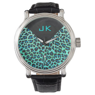Leopard Svart och Turkos Tryck Armbandsur