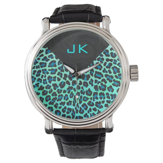 Leopard Svart och Turkos Tryck Armbandsur (Framsida)