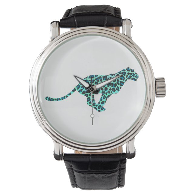 Leopard Svart och Turkos Tryck Armbandsur (Framsida)