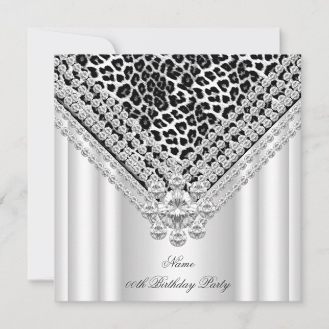 Leopard Svart Vit Födelsedagsfest Glitter Diamant Inbjudningar (Framsida)