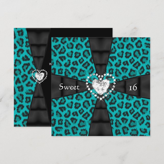 Leopard Teal Sweet 16 Sextonårs Födelsedagsfest Inbjudningar (Fram/baksida)