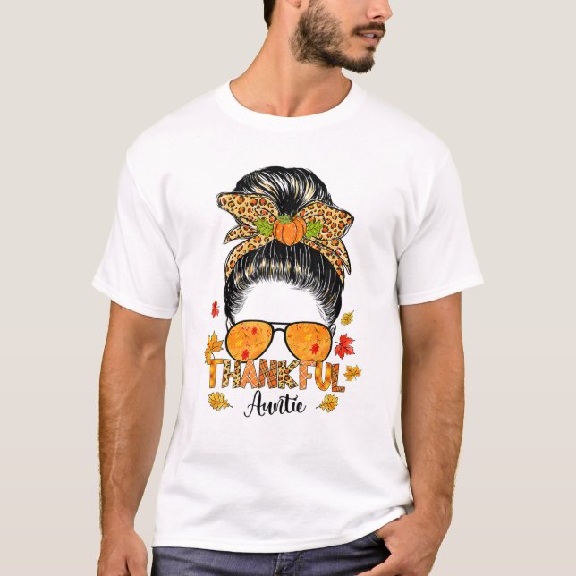 Leopard Thankful Auntie Fall Messy Bun Thanksgiven T Shirt (Framsida)