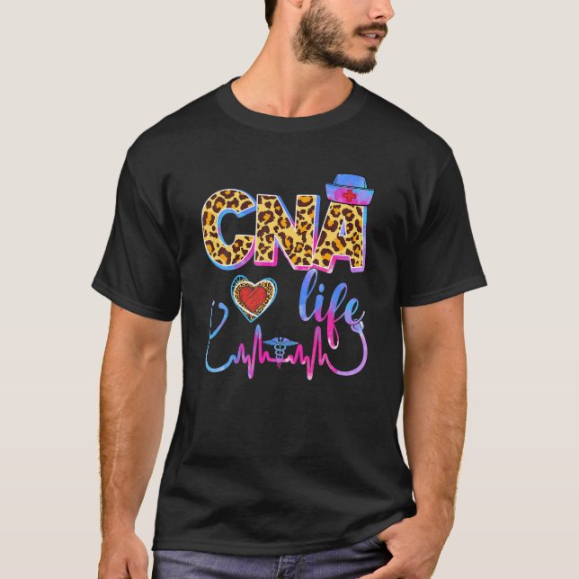 Leopard Tie Dye CNA Life Stethoscope Leopard Nurse T Shirt (Framsida)