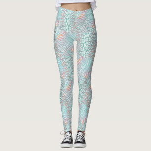 Leopard, tiger, skinn, fläckig, stripe, turkos, leggings