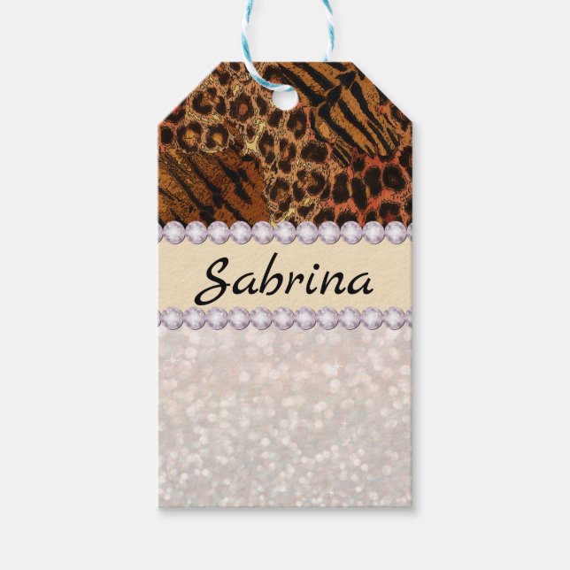 leopard tiger skinn rosa diamant glitter kristalle presentetikett (Framsidan)