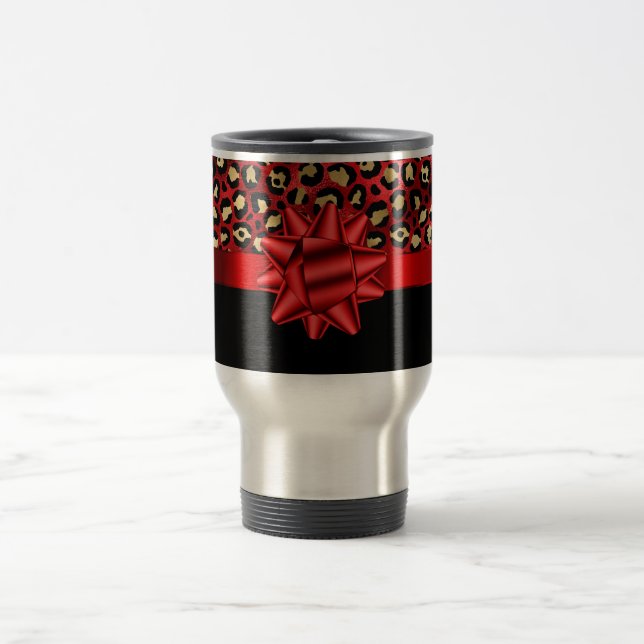 Leopard Tryck Röd, Guld och Svart med Röd Båge Mug Resemugg (Center)
