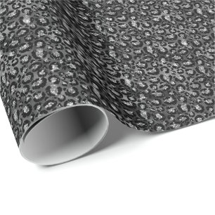 Leopard Tryck Svart och Silver Grå Presentpapper