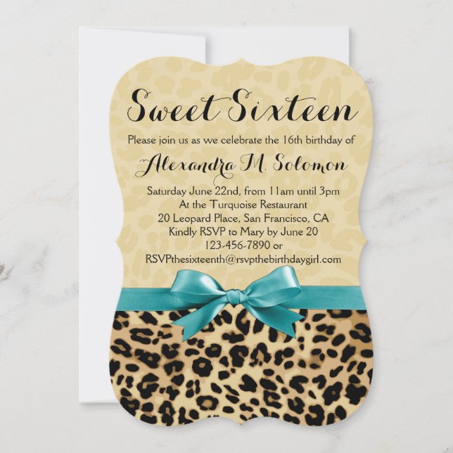 Leopard Turcoise Bow Sweet 16-partsinbjudan Inbjudningar (Framsida)