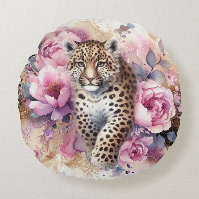Leopard Unge & Ro Round Dekorativ kudde (Framsidan)
