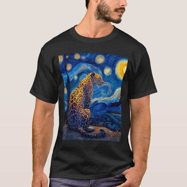 Leopard - Van Gogh Style Starry Night Funny Graphi T Shirt (Framsida)