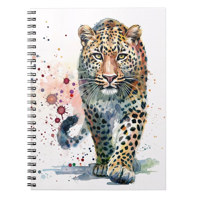 Leopard Walking Paint Splatter Watercolor Notebook Anteckningsbok (Framsidan)