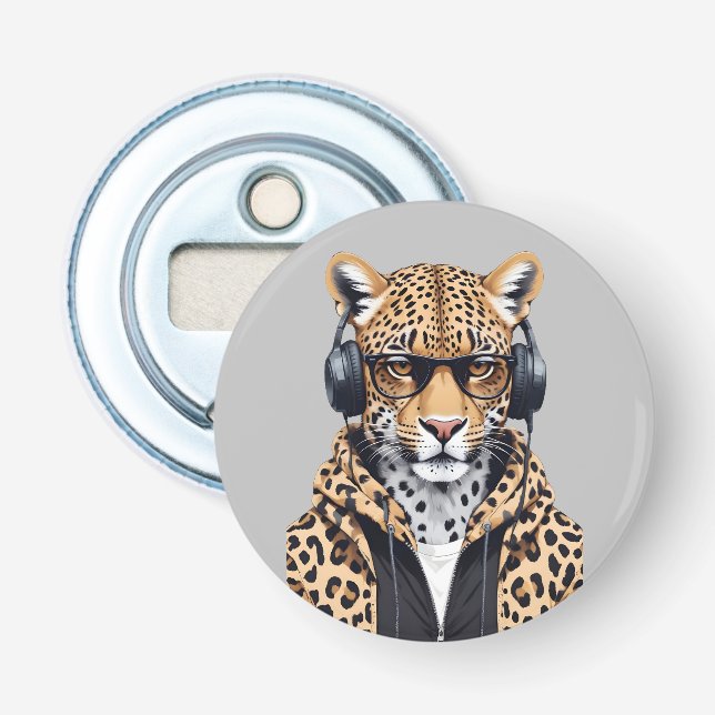 Leopard Wearing Hoodie Funny Coola Animal Characte Flasköppnare (Framsidan)