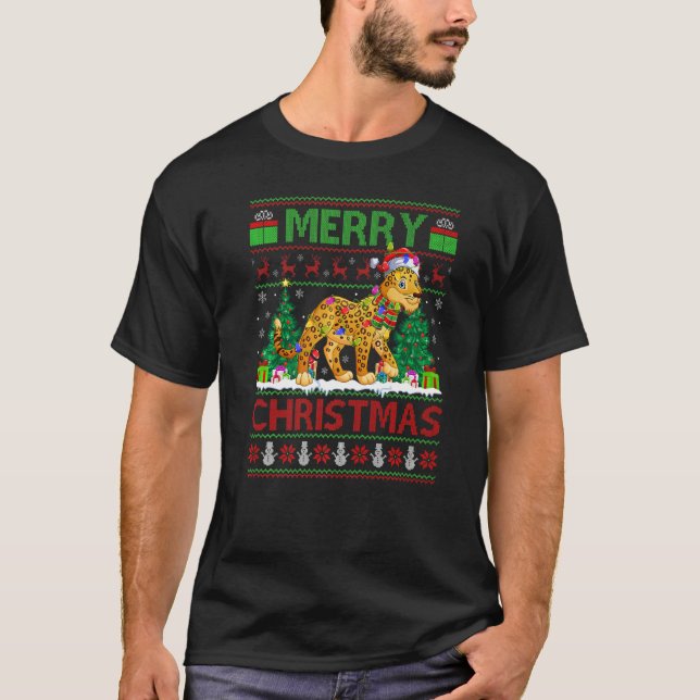 Leopard  Xmas Tree Lights Ugly Santa Leopard Chris T Shirt (Framsida)