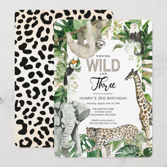 Leopard Young Vild och Tre Safari Birthday Inbjudningar (Fram/baksida)