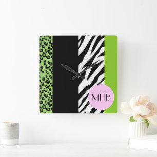 Leopard, Zebra, Animal Print, Grönt, Monogram Fyrkantig Klocka