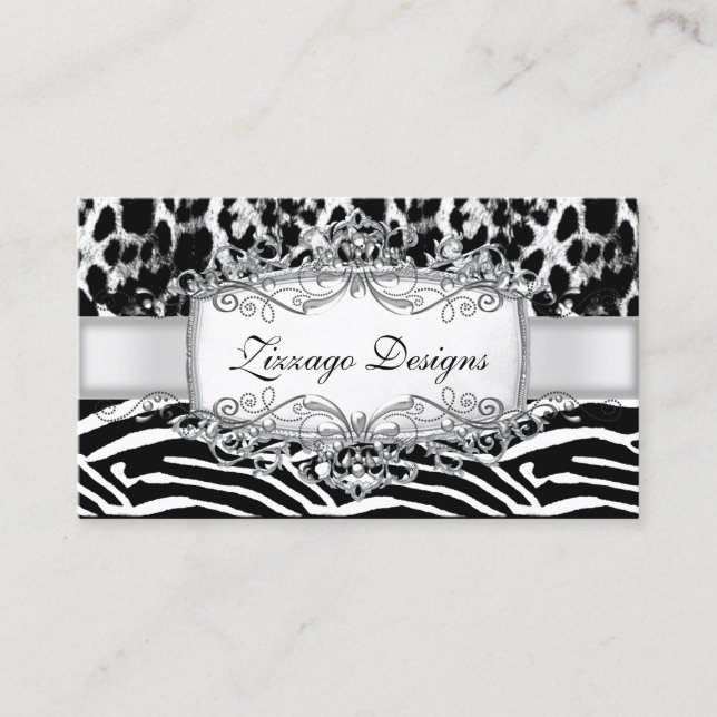 Leopard Zebra Silver Svart Vit Rand 2 Visitkort (Framsida)