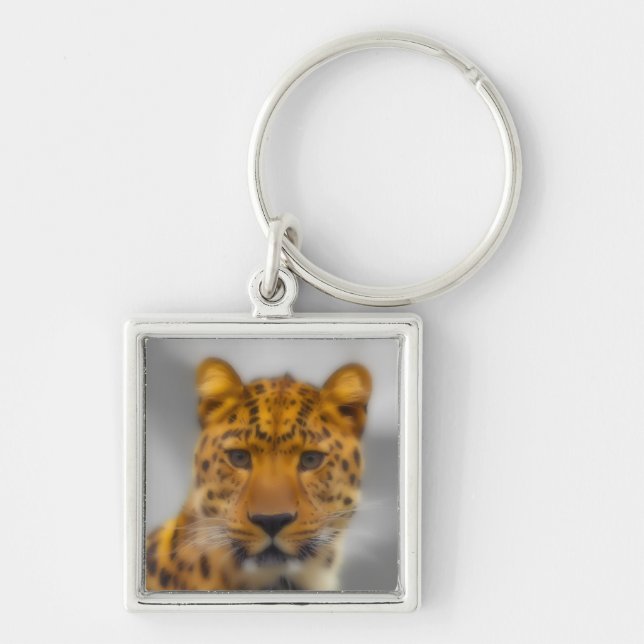 Leopardansikte Fyrkantig Silverfärgad Nyckelring (Framsidan)