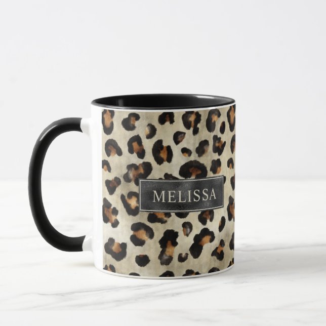 Leoparddjurtryck med svart falsk folie och namn mugg (Vänster)