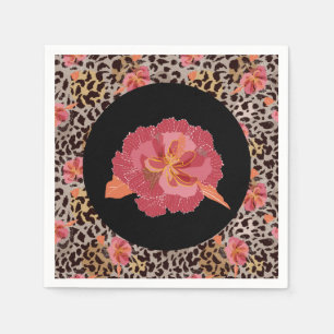 Leoparddjurtryck och rosa blommor på svart pappersservett