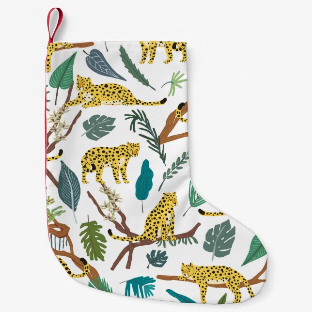 Leoparder i djungeln, handdragen mönster. liten julstrumpa (Framsidan)