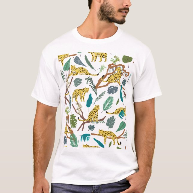 Leoparder i djungeln, handdragen mönster. t shirt (Framsida)