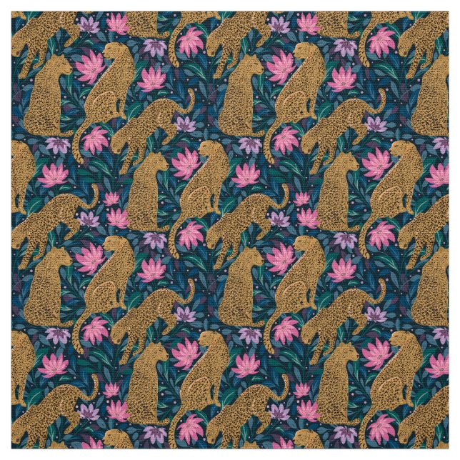 Leoparder i Jungle, Flowers & Vilda djur Tyg (Provkarta)