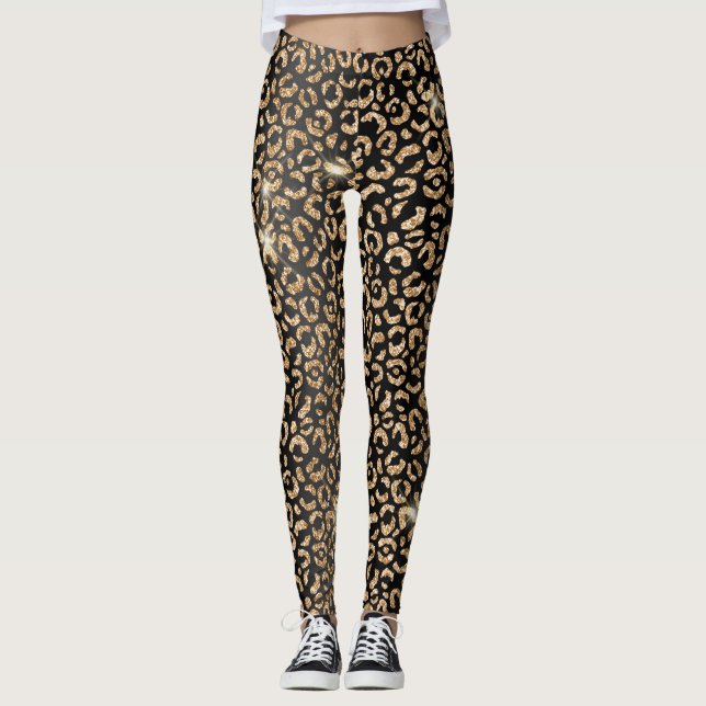Leopardfläckar vid snyggt Black och Guld Glitter V Leggings (Framsida)