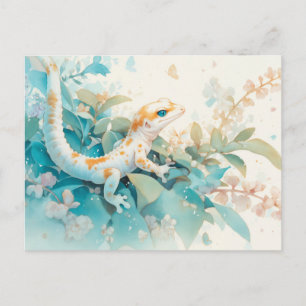 Leopardgecko med orange fläck och tropiskt blad vykort