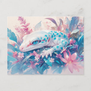 Leopardgecko med turkos fläck och tropisk blomma vykort