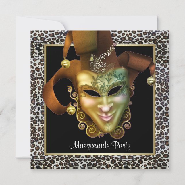 Leopardmask Svart och Guld Maskeradfest Inbjudningar (Framsida)