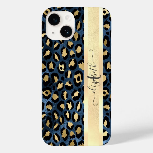 Leopardmönster Blå Guld Monogram (Baksida)