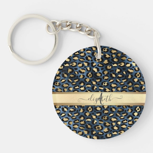 Leopardmönster Blå Guld Monogram (Framsidan)