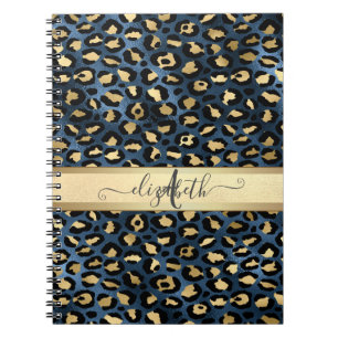 Leopardmönster Blå Guld Monogram Anteckningsbok
