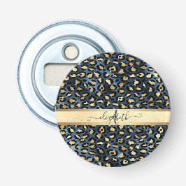 Leopardmönster Blå Guld Monogram Flasköppnare