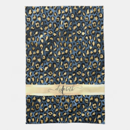 Leopardmönster Blå Guld Monogram Kökshandduk