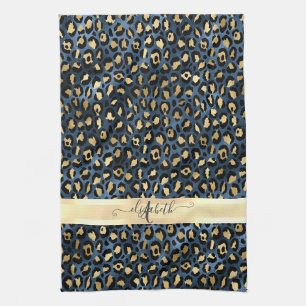 Leopardmönster Blå Guld Monogram Kökshandduk