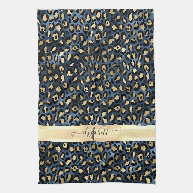 Leopardmönster Blå Guld Monogram Kökshandduk (Vertikal)