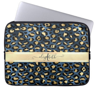 Leopardmönster Blå Guld Monogram Laptop Fodral