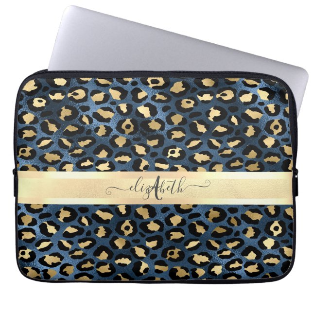 Leopardmönster Blå Guld Monogram  Laptop Fodral (Framsidan)
