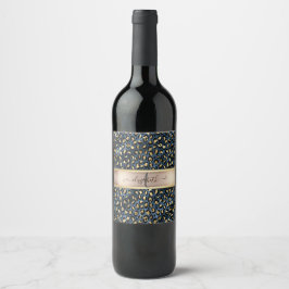 Leopardmönster Blå Guld Monogram Vinflaska Etikett