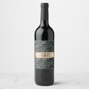 Leopardmönster Blå Guld Monogram Vinflaska Etikett