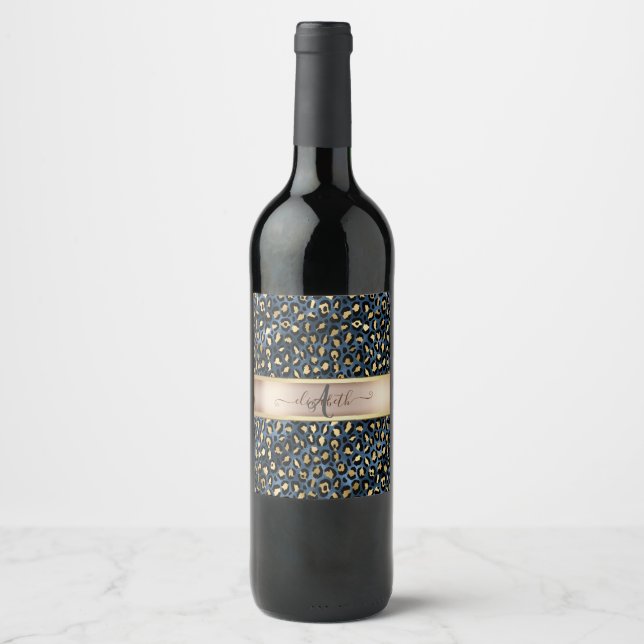 Leopardmönster Blå Guld Monogram Vinflaska Etikett (Framsida)