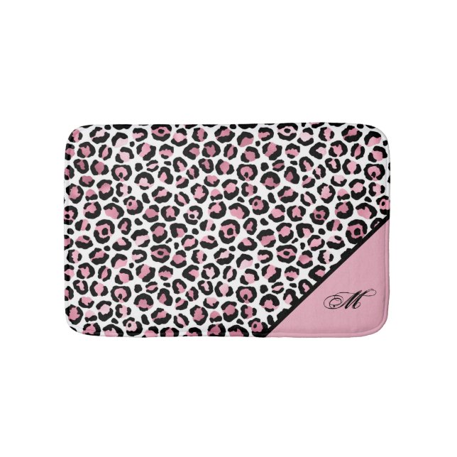 Leopardmönster i rosa vitt & svart med monogram badrumsmatta (Framsidan)