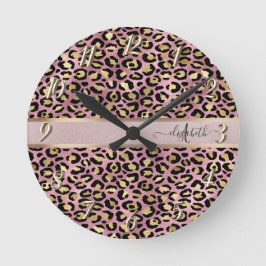 Leopardmönster Monogram Roséguld Svart Rund Klocka