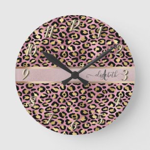 Leopardmönster Monogram Roséguld Svart Rund Klocka